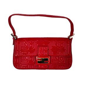 Fendi Red Leather Baugettte Shoulder Clutch Bag